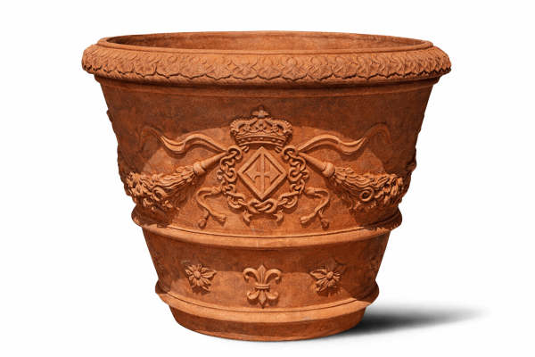 Reich verzierter Terracottatopf aus Impruneta mit Wappen und Insignien